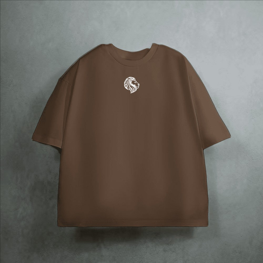 The One PR brown heavyweight cropped loose t-shirt with embroidered lion logo on chest. 100% combed cotton.
