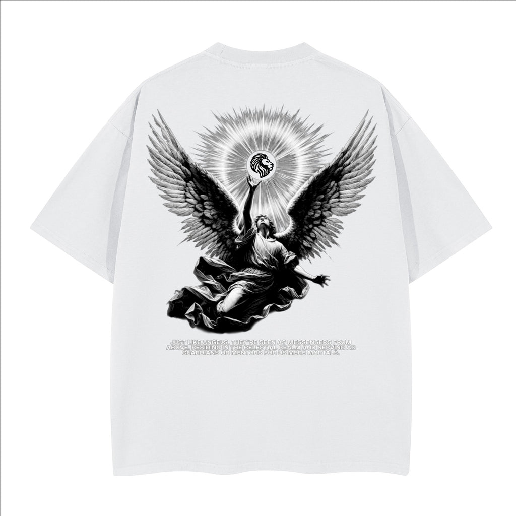 The One PR white heavyweight cotton t-shirt with a celestial angel graphic and text.