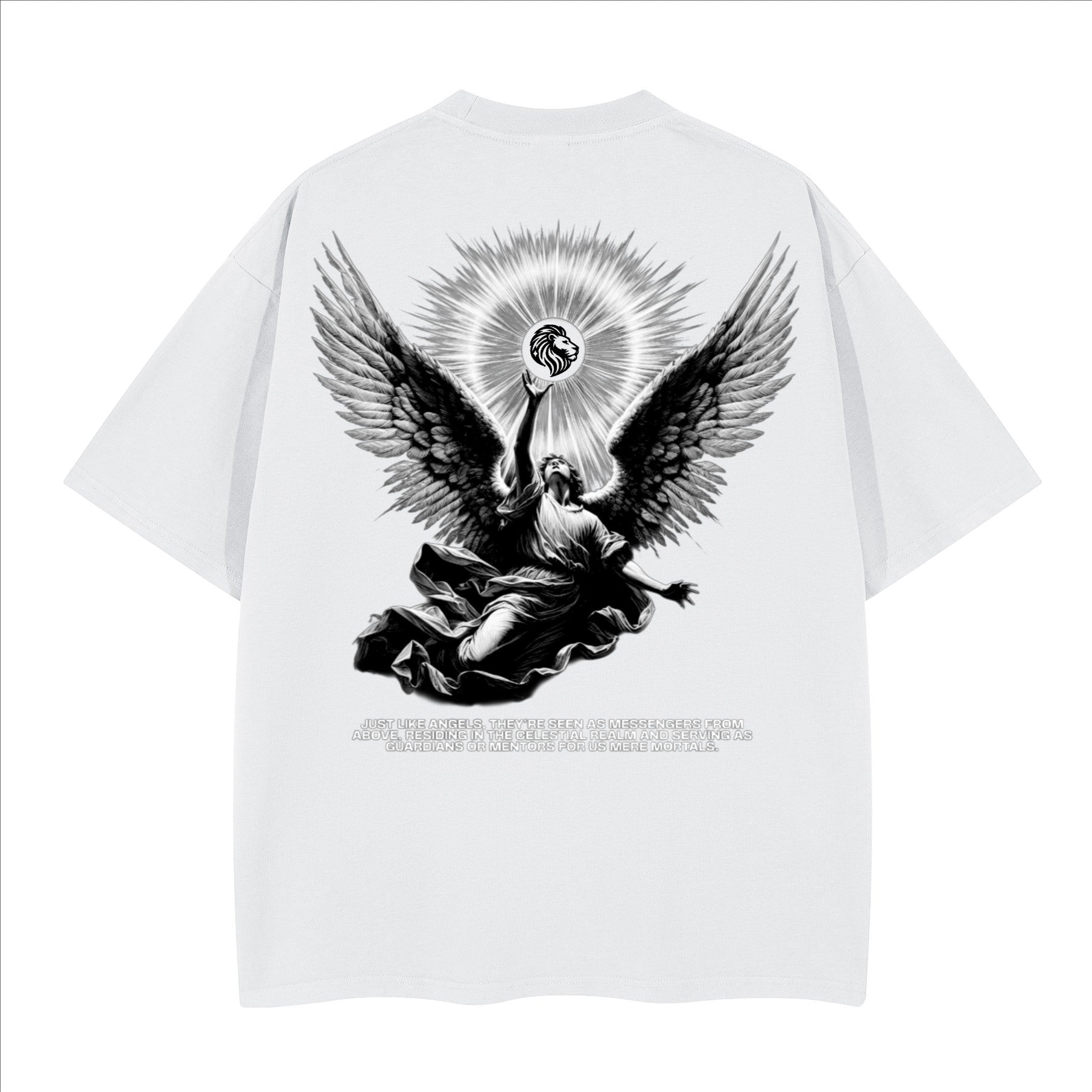 The One PR white heavyweight cotton t-shirt with a celestial angel graphic and text.