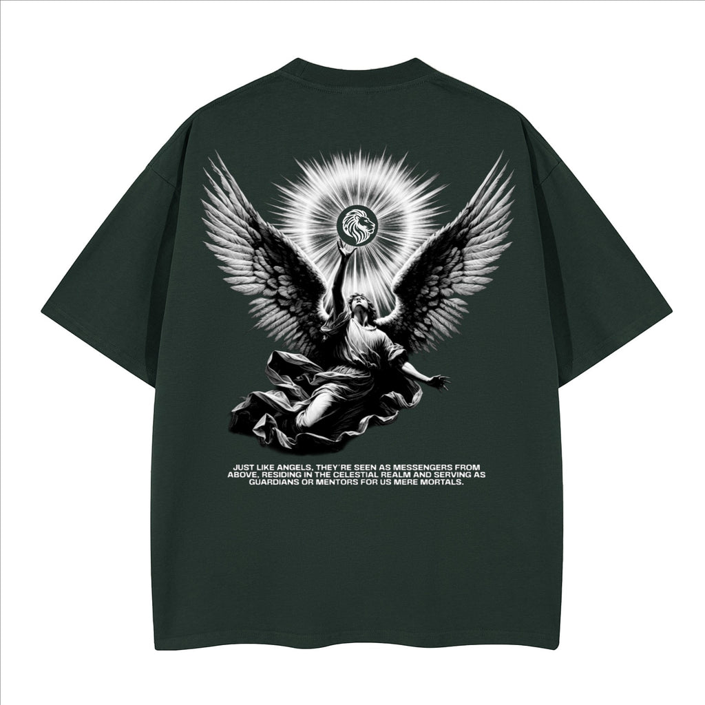 The One PR dark green heavyweight cotton boxy t-shirt with a celestial angel graphic and text.