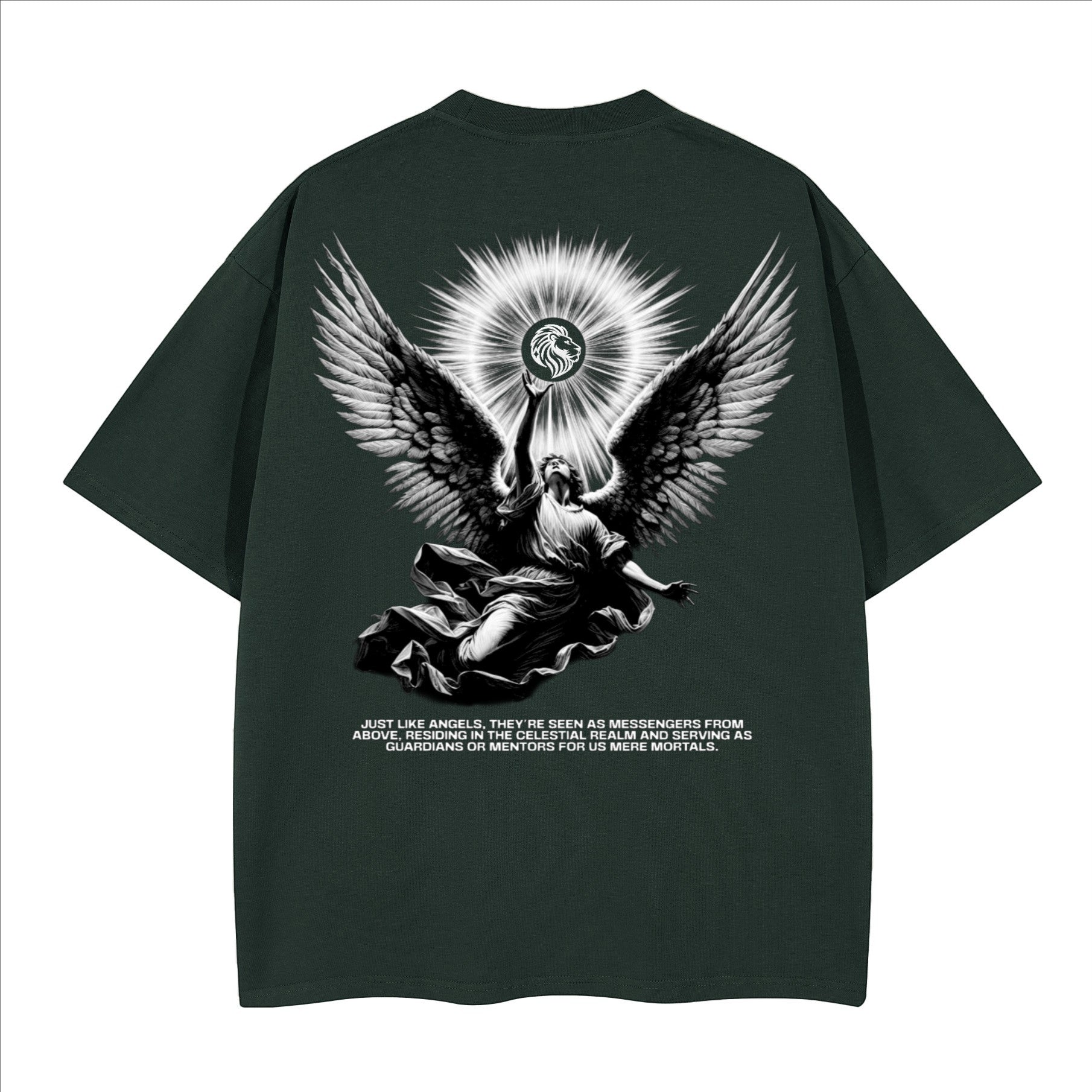 The One PR dark green heavyweight cotton boxy t-shirt with a celestial angel graphic and text.