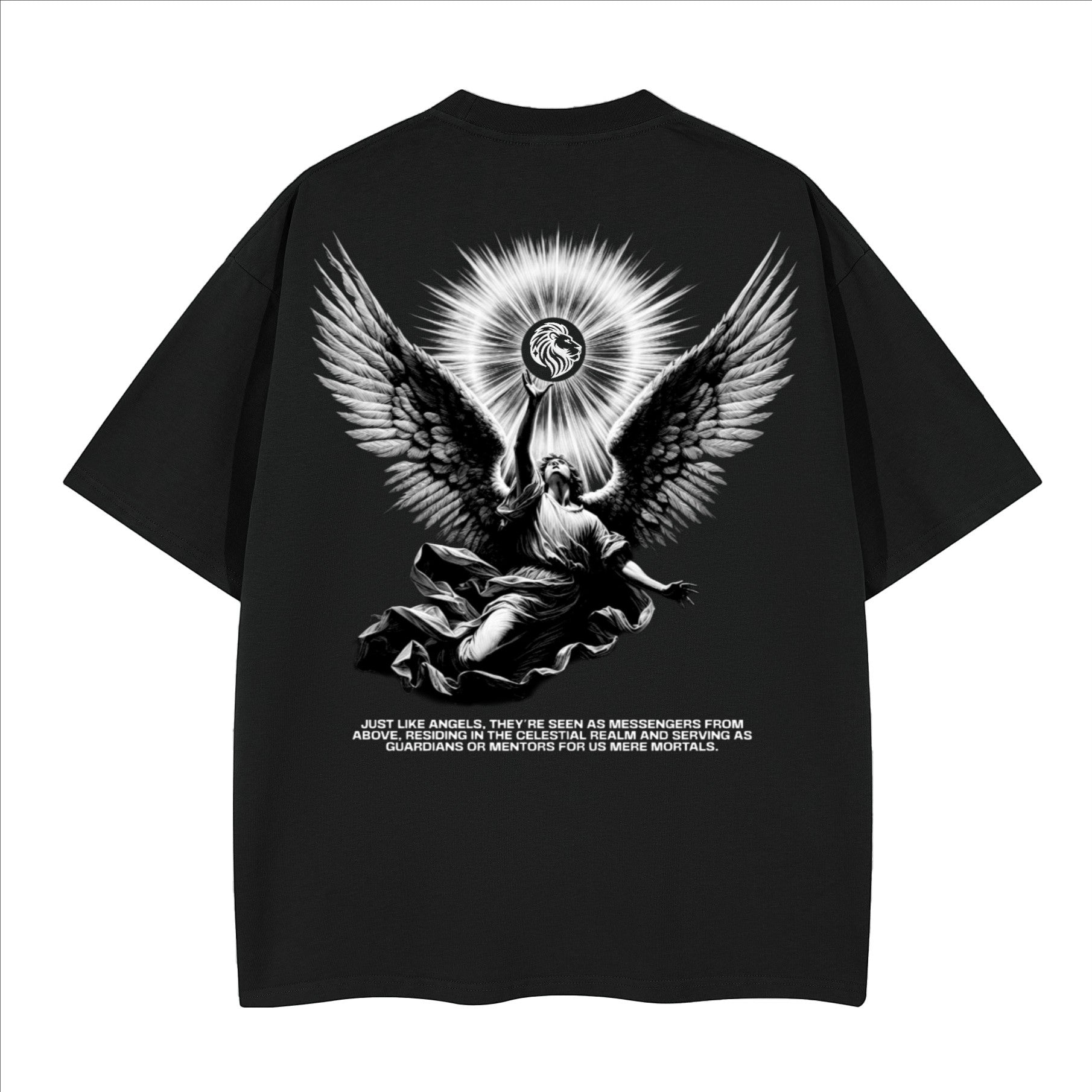 The One PR black heavyweight cotton t-shirt with a celestial angel graphic and text.