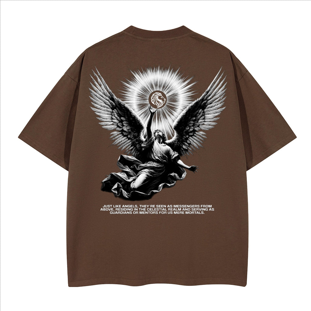 The One PR brown heavyweight cotton boxy t-shirt with a celestial angel graphic and text.