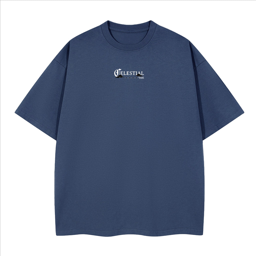 The One PR Celestial heavyweight boxy t-shirt in navy blue cotton with crew neck and drop shoulders.