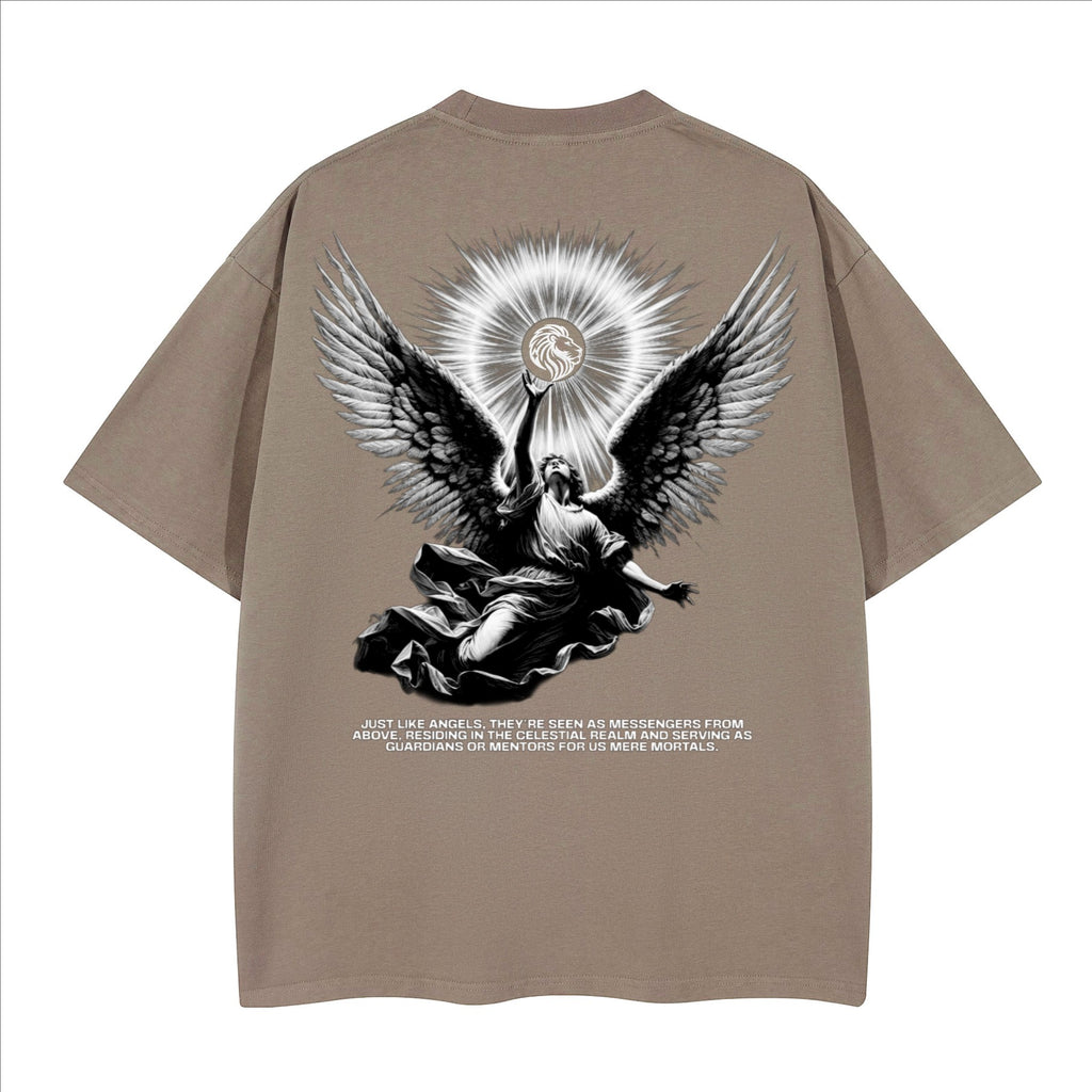 The One PR Celestial Heavyweight Boxy T-Shirt in taupe, made from 100% cotton with a graphic angel print and text.