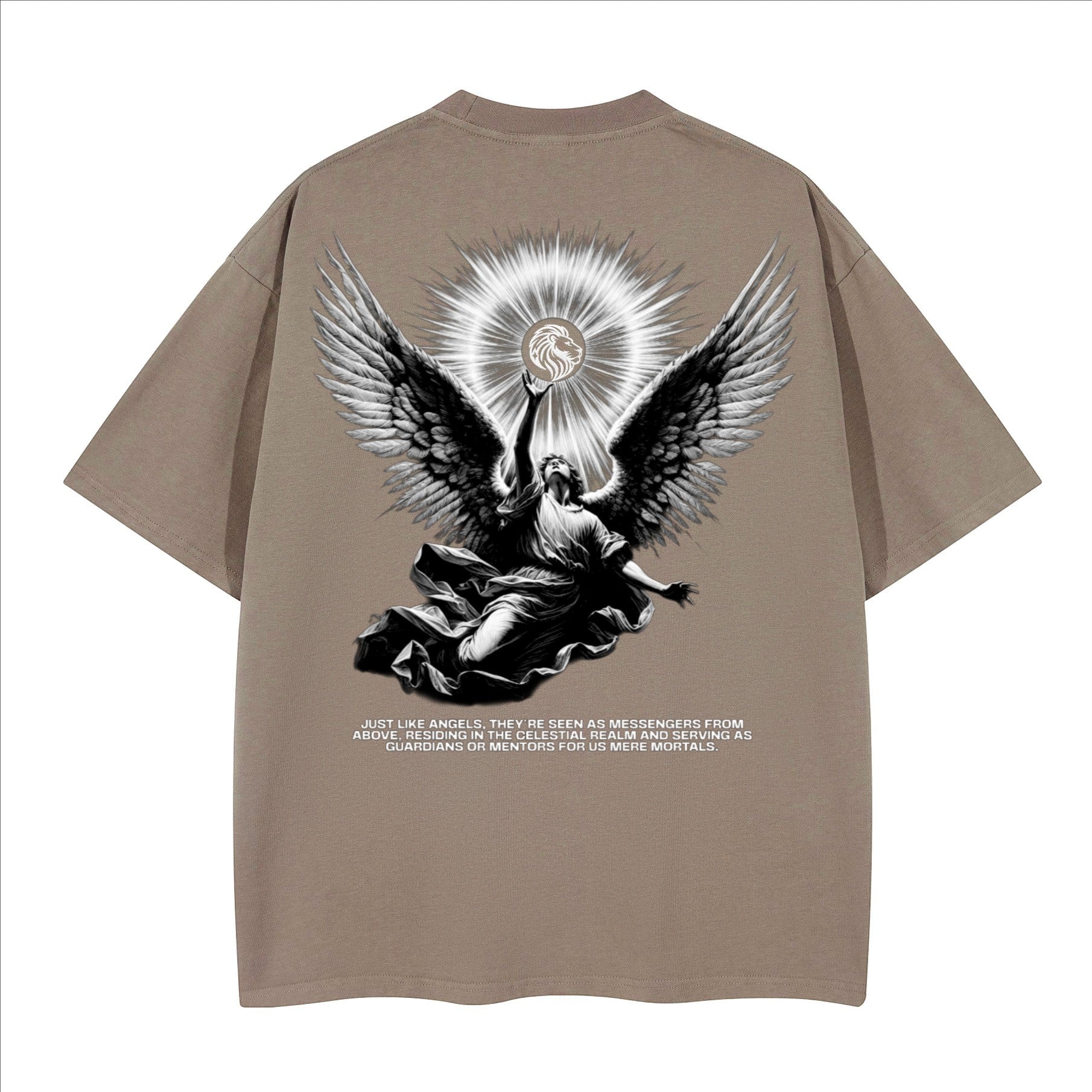 The One PR Celestial Heavyweight Boxy T-Shirt in taupe, made from 100% cotton with a graphic angel print and text.