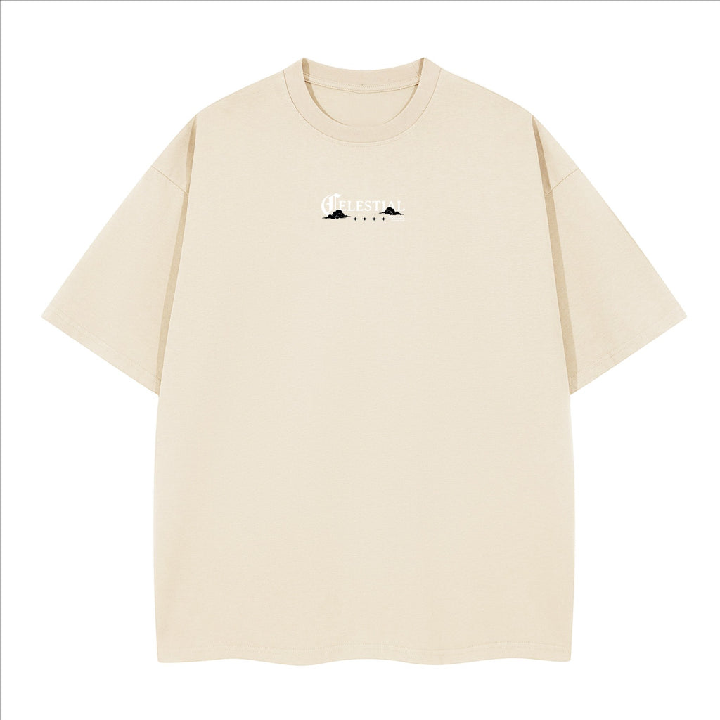 The One PR Celestial Heavyweight Boxy T-Shirt in cream, made from 100% combed cotton with a crew neck and drop shoulders.