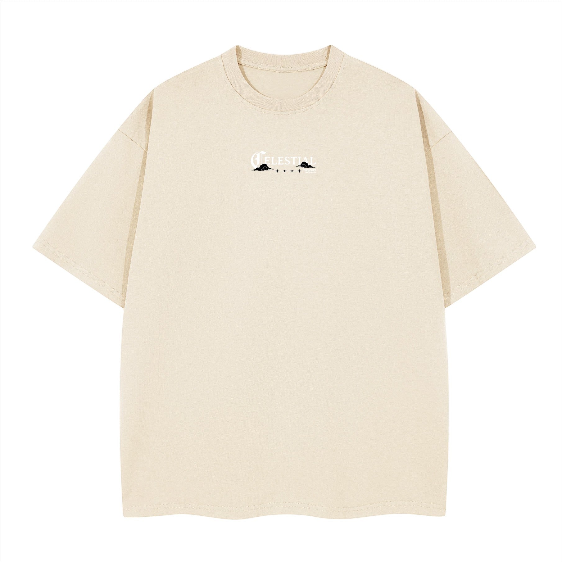 The One PR Celestial Heavyweight Boxy T-Shirt in cream, made from 100% combed cotton with a crew neck and drop shoulders.