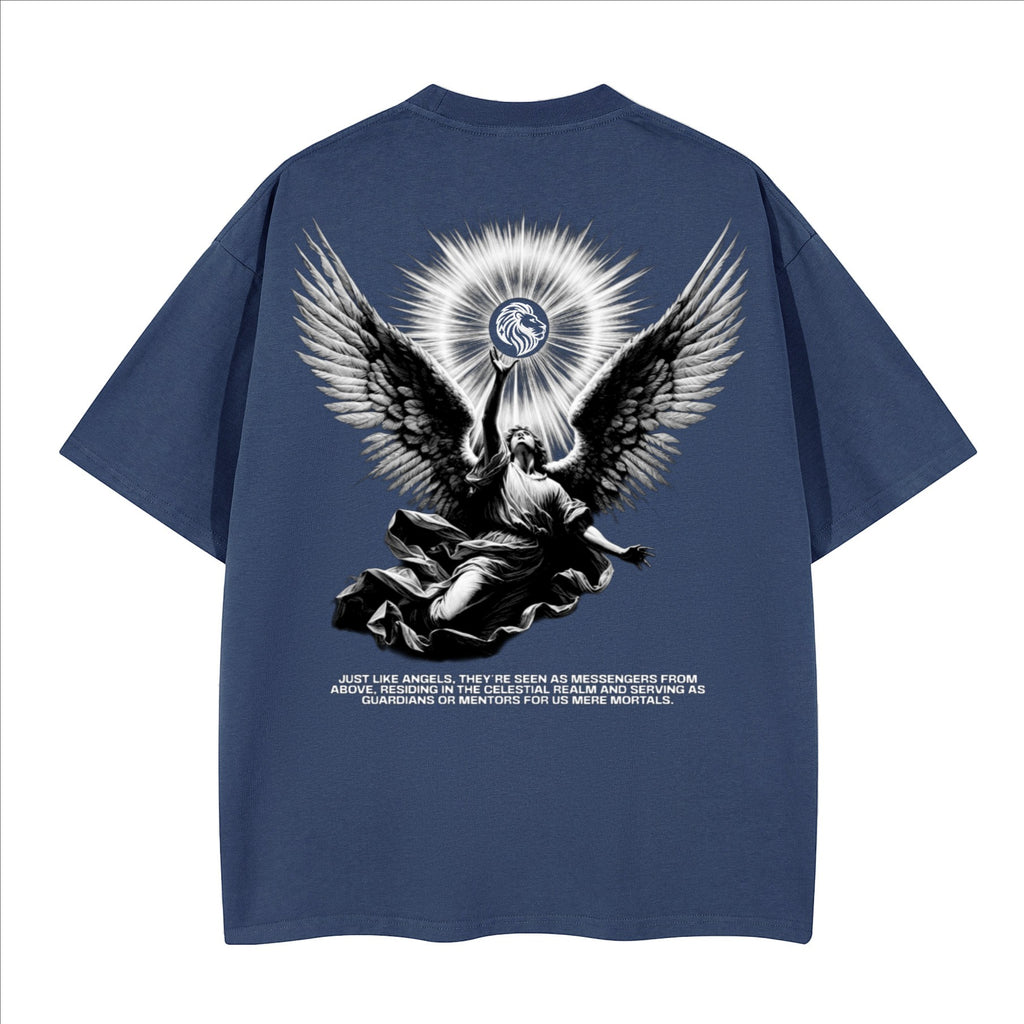 The One PR Celestial heavyweight boxy t-shirt in navy blue, featuring a graphic of an angel with wings and a celestial sunburst. 100% cotton.