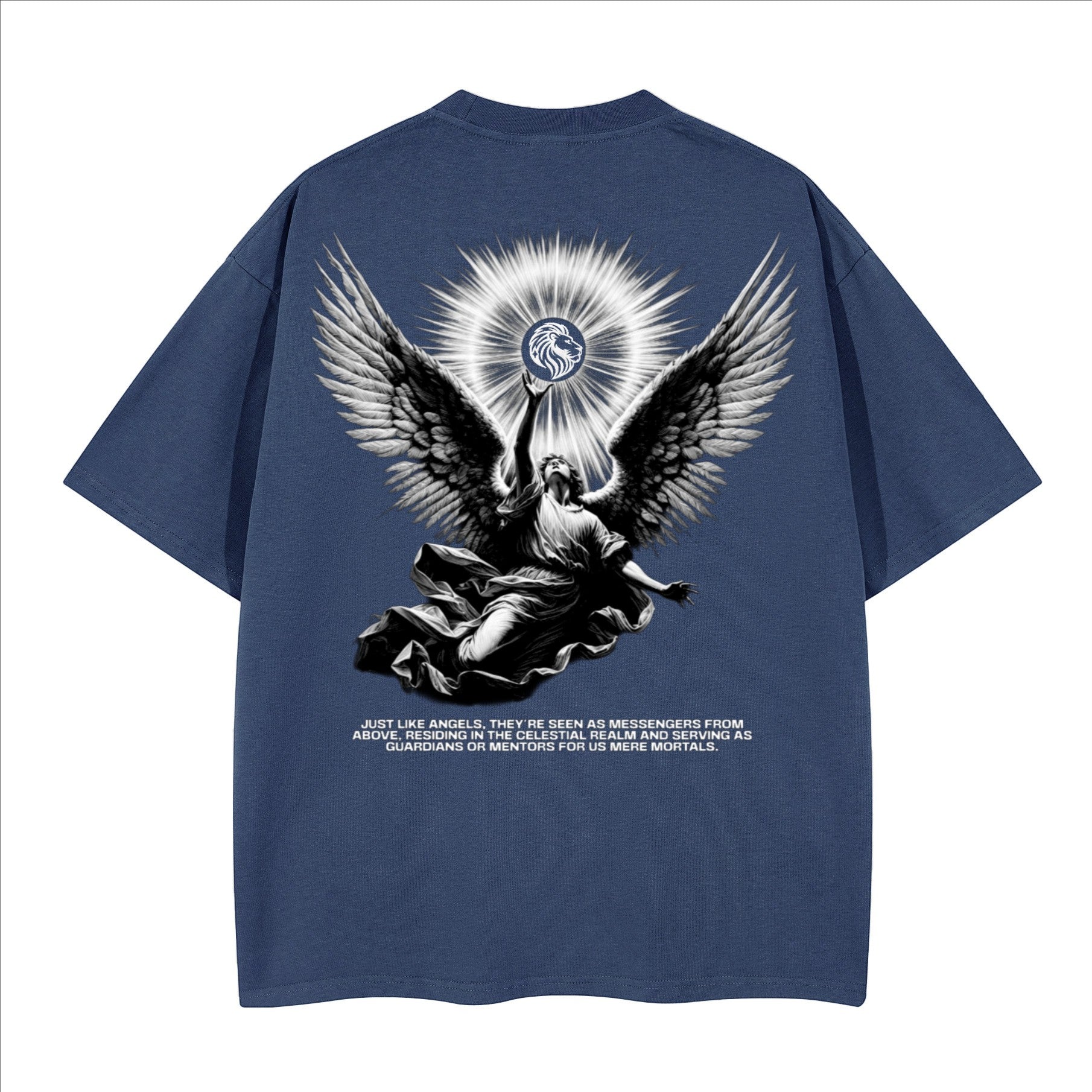 The One PR Celestial heavyweight boxy t-shirt in navy blue, featuring a graphic of an angel with wings and a celestial sunburst. 100% cotton.