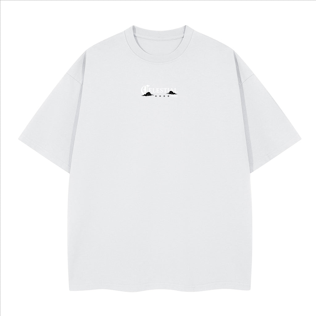 The One PR Celestial Heavyweight Boxy T-Shirt in white, made from 100% combed cotton with a crew neck and drop shoulders.