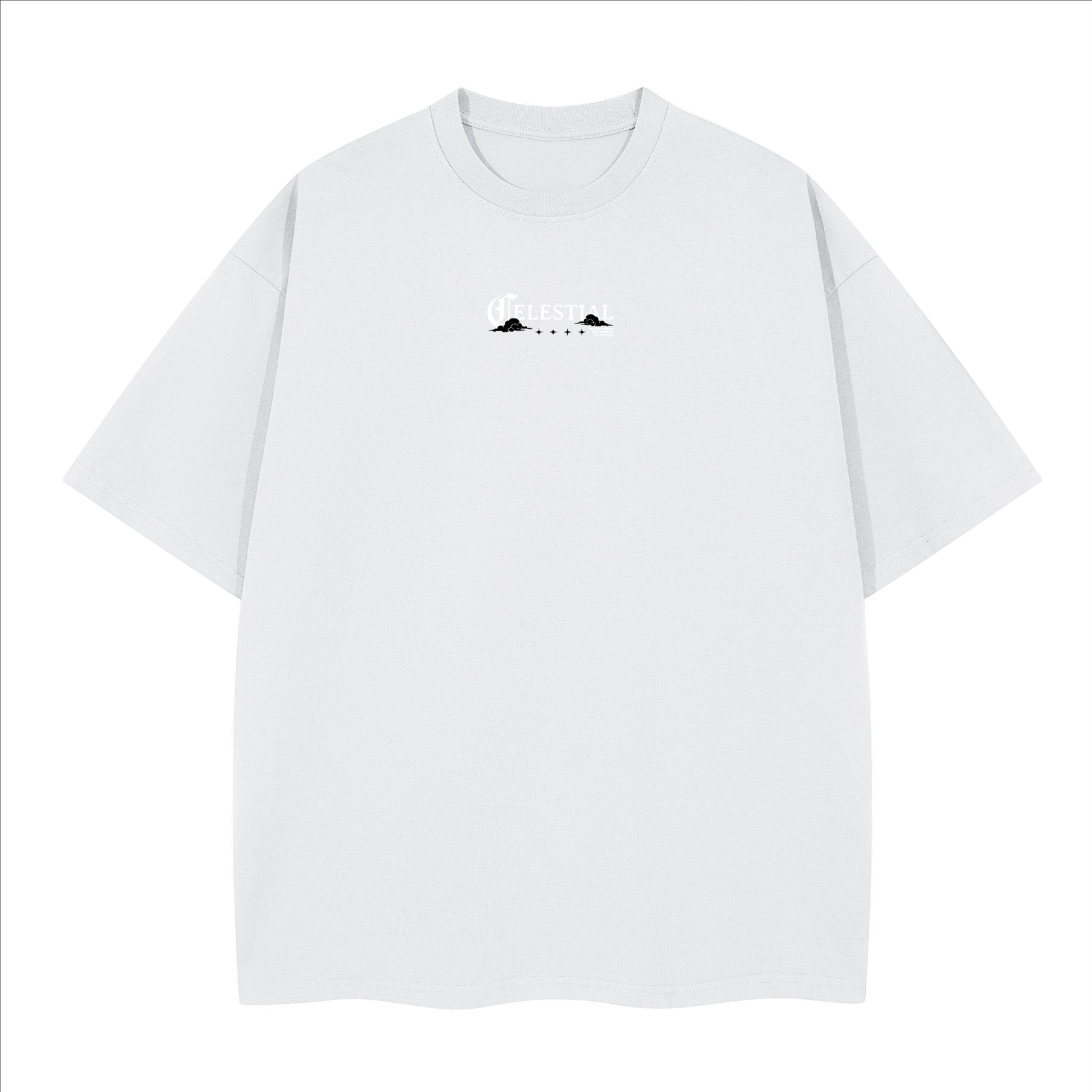 The One PR Celestial Heavyweight Boxy T-Shirt in white, made from 100% combed cotton with a crew neck and drop shoulders.