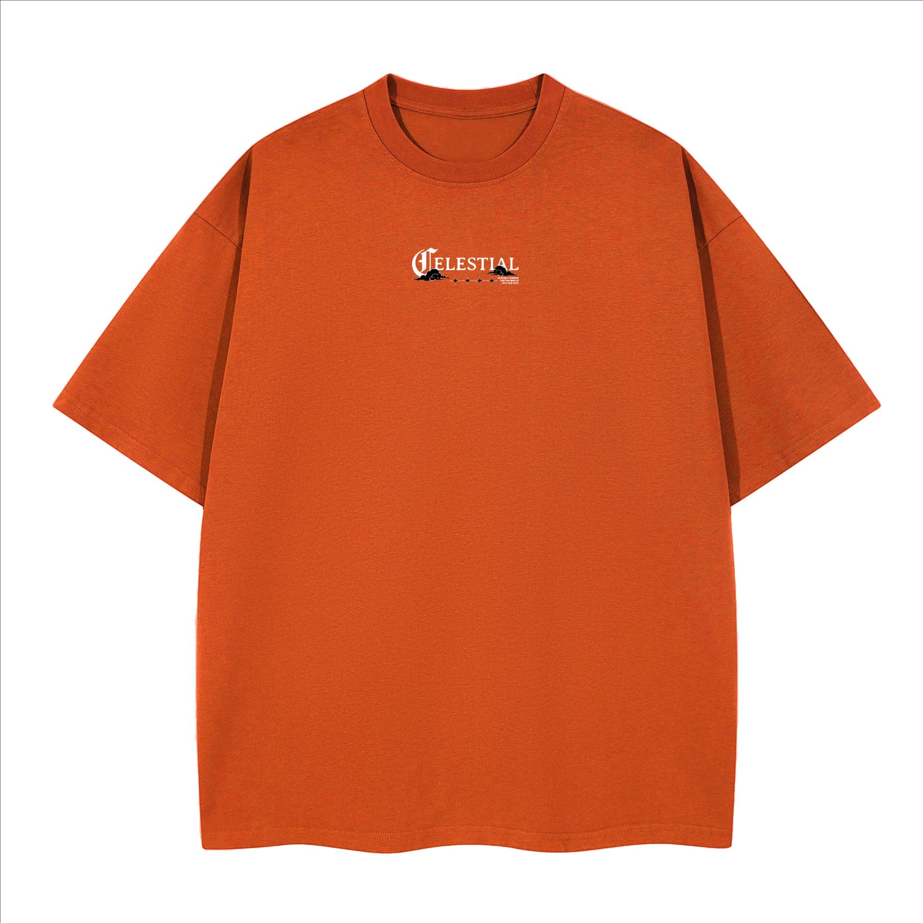 The One PR Celestial heavyweight boxy t-shirt in orange, made from 100% combed cotton with a crew neck and drop shoulders.