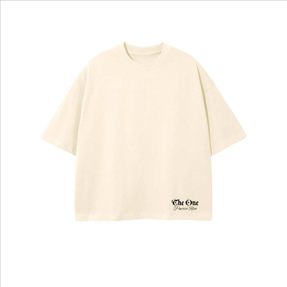 The One PR cream oversized cropped t-shirt made of 100% combed cotton with embroidered logo on the left chest.