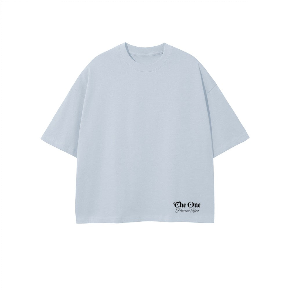 The One PR light blue cropped oversized t-shirt made from 100% combed cotton with a small embroidered logo on the lower left.