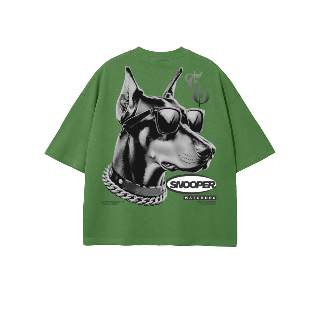 The One PR green 100% combed cotton oversized cropped t-shirt with a Doberman graphic wearing sunglasses and a chain.