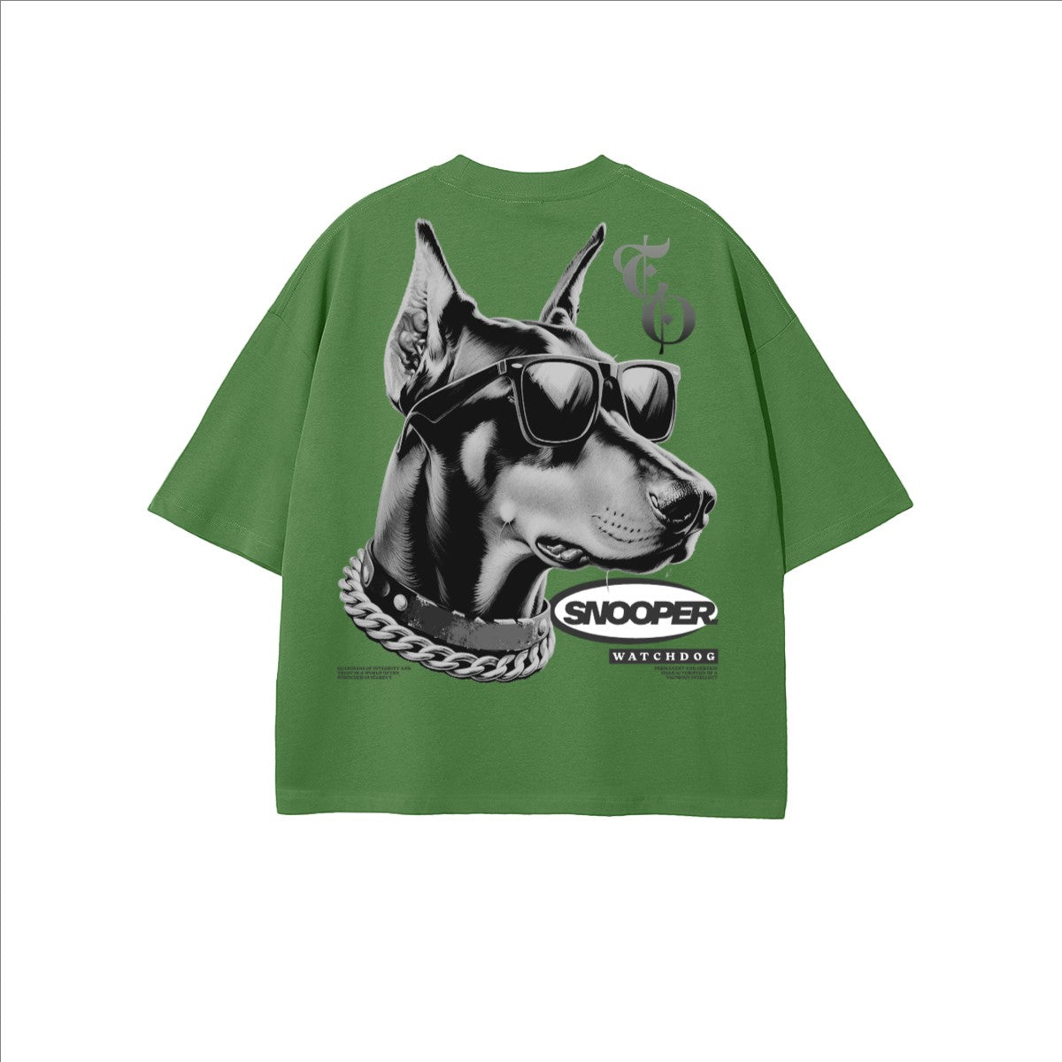 The One PR green 100% combed cotton oversized cropped t-shirt with a Doberman graphic wearing sunglasses and a chain.