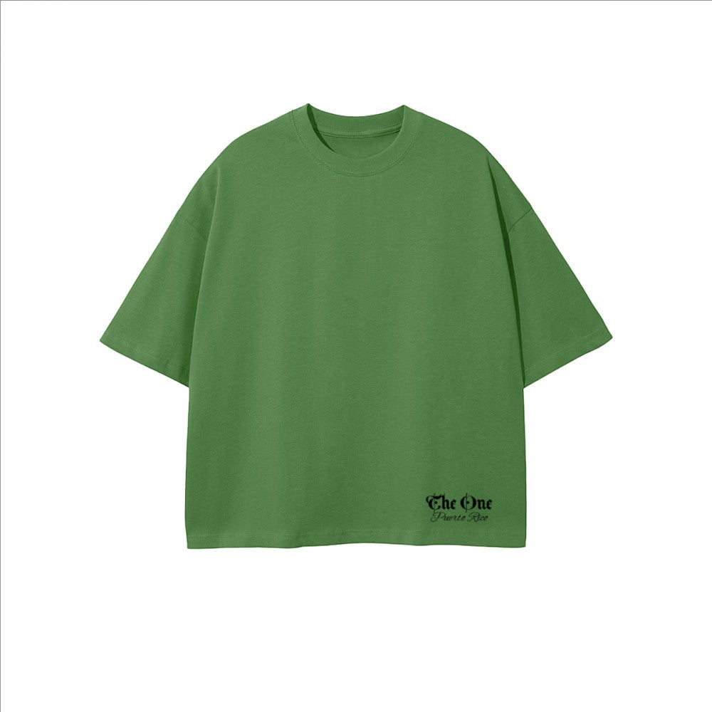 The One PR green oversized cropped t-shirt made of 100% combed cotton with a small embroidered logo on the lower right.