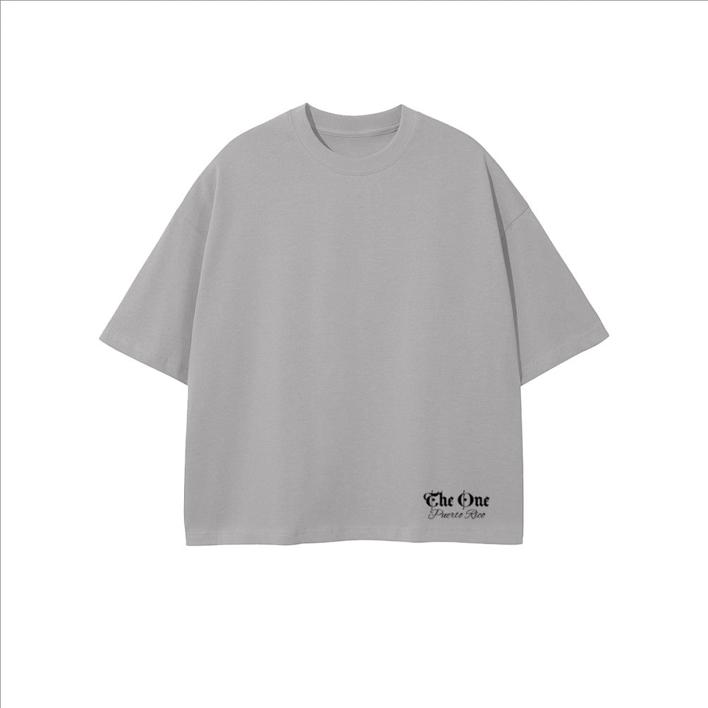The One PR light grey cropped oversized t-shirt made of 100% combed cotton with a small black logo on the lower right.