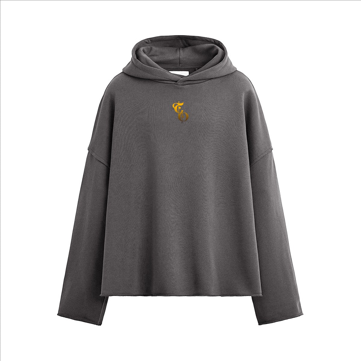 The One PR heavyweight boxy hoodie in charcoal grey, featuring a gold embroidered logo on the chest and a raw hem.