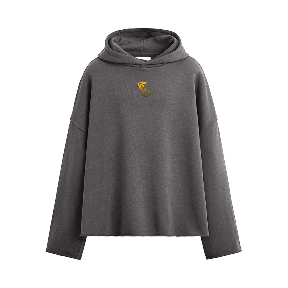 The One PR heavyweight boxy hoodie in charcoal grey with a gold embroidered logo on the chest. Features a relaxed fit and raw hem.