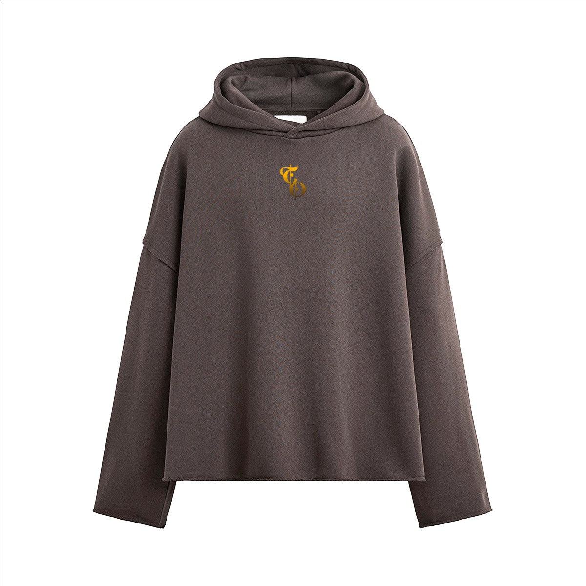 The One PR heavyweight boxy hoodie in dark grey with a gold embroidered logo on the chest. Features a relaxed fit and raw hem.