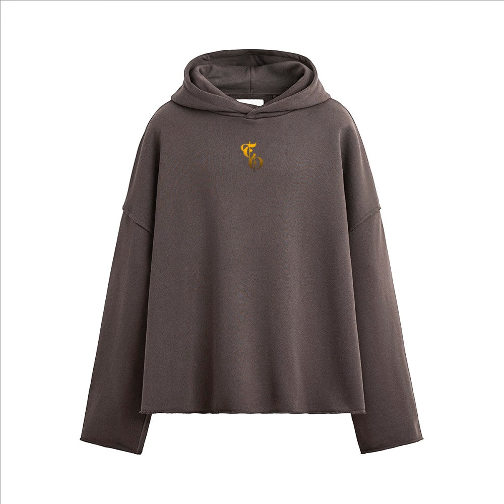 The One PR heavyweight boxy hoodie in dark grey with a gold embroidered logo on the chest.