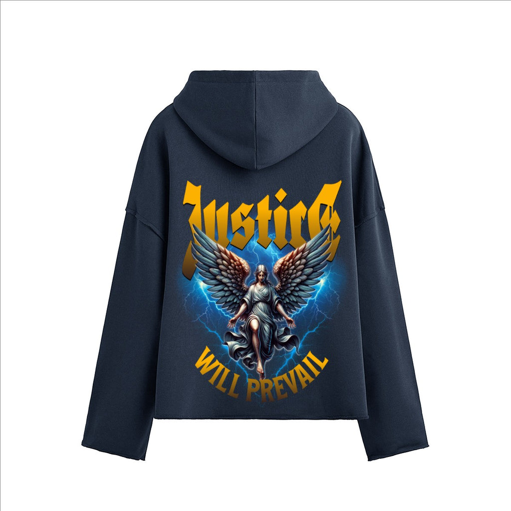 The One PR navy heavyweight boxy hoodie with "Justice Will Prevail" graphic featuring an angel with wings and lightning.
