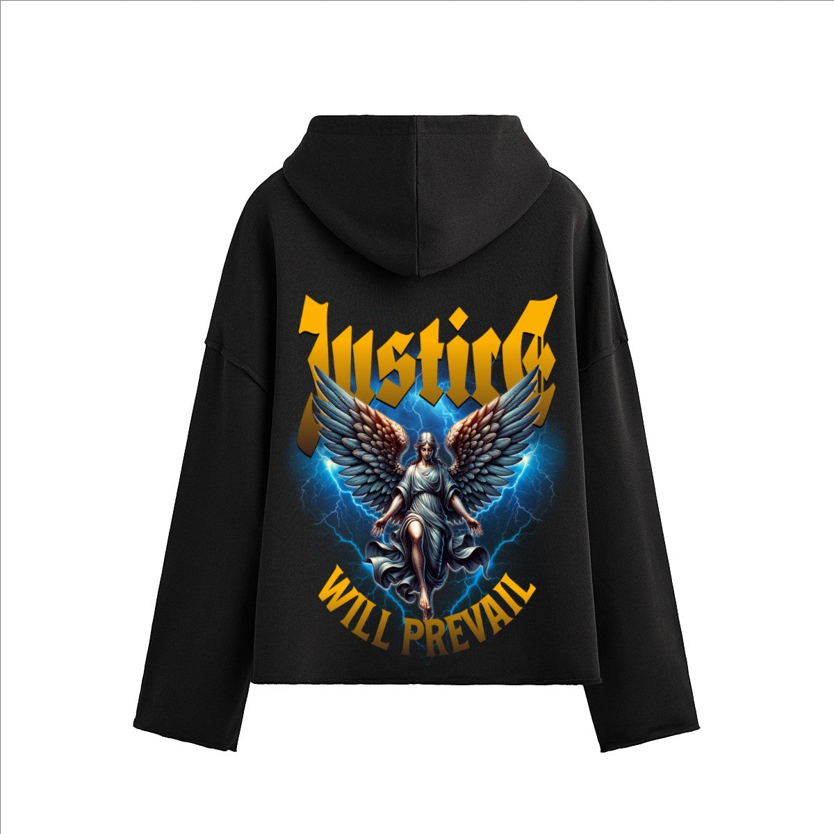 The One PR black heavyweight boxy hoodie with a graphic of an angel and lightning, text reads "Justice Will Prevail".