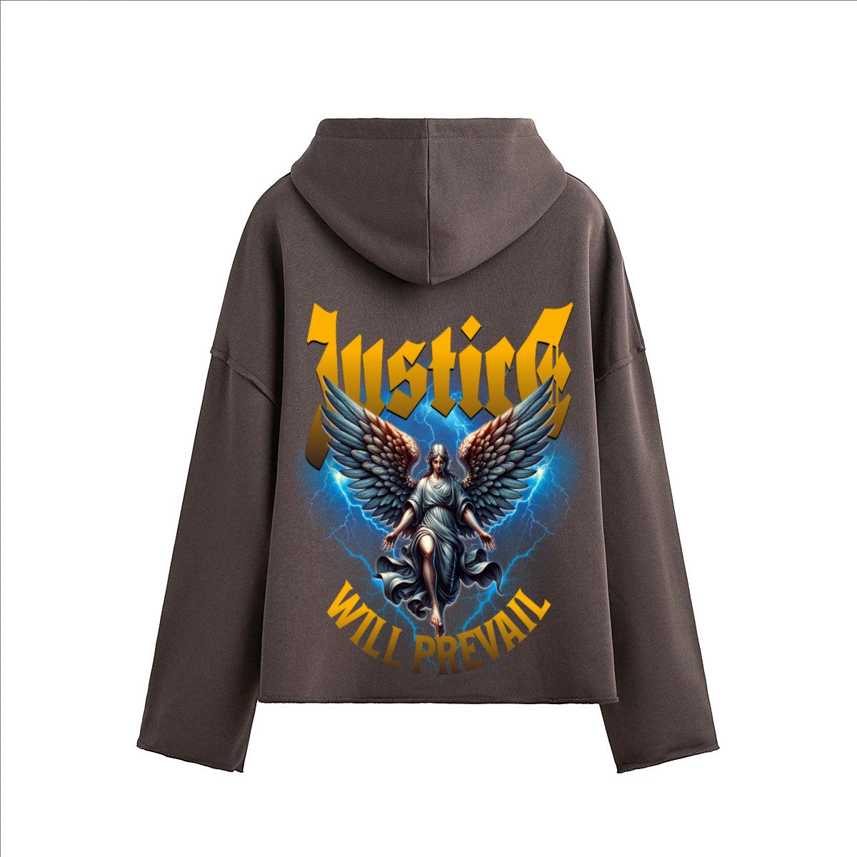 The One PR Justice Heavyweight Boxy Hoodie with graphic of an angel and lightning. Brown cotton.