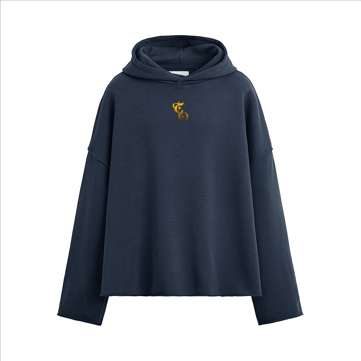 The One PR navy heavyweight boxy hoodie with a gold embroidered logo on the chest and raw hem.