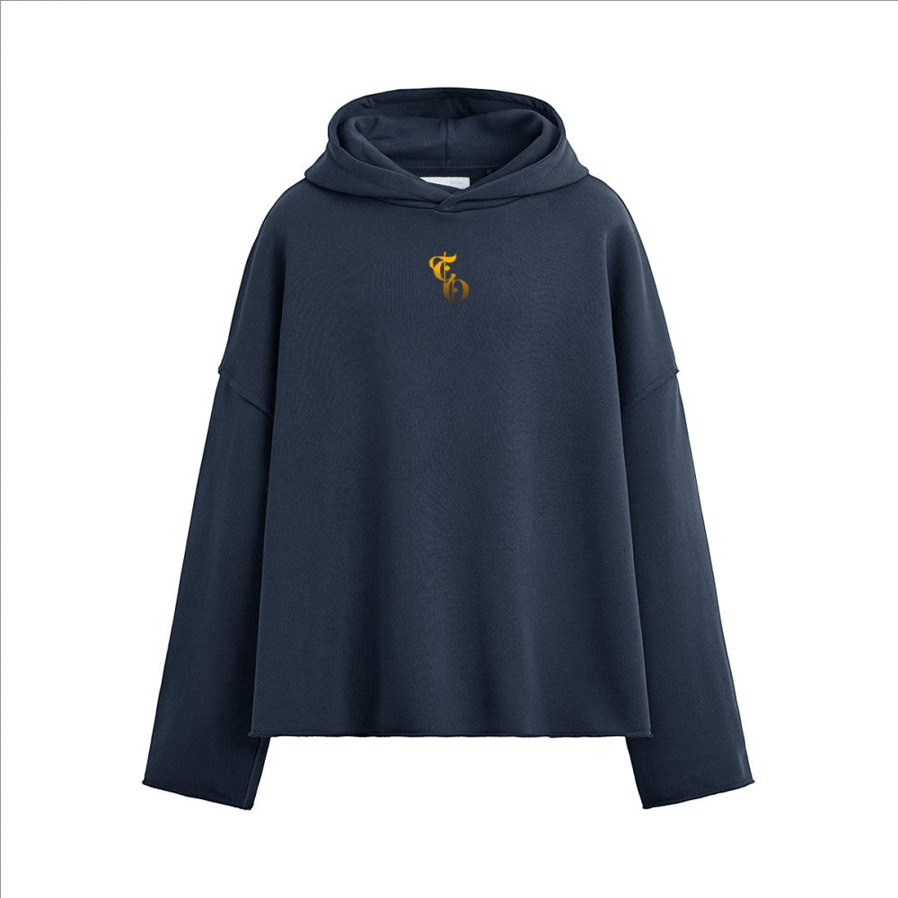 The One PR navy heavyweight boxy hoodie with a gold embroidered logo on the chest and raw hem.