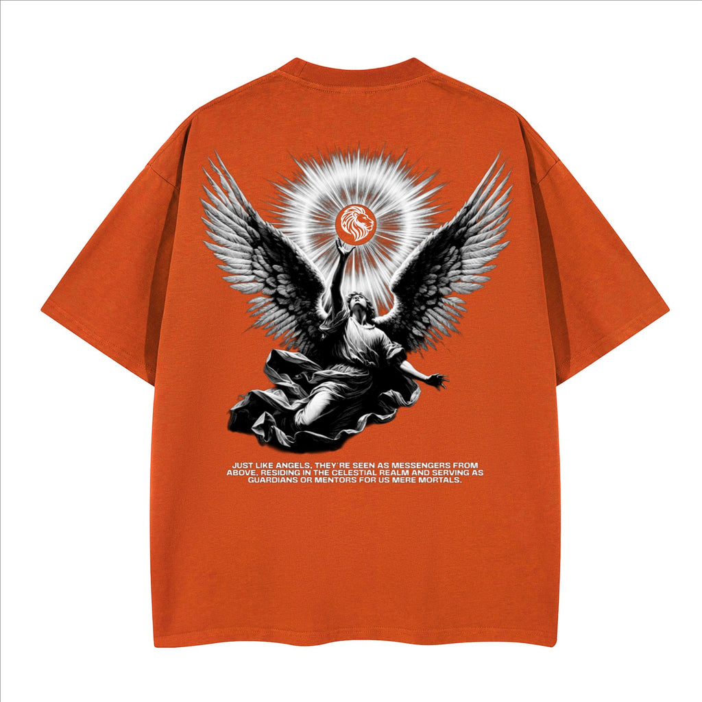 The One PR orange heavyweight cotton t-shirt with a celestial angel graphic and text. Features a crew neck and drop shoulders.
