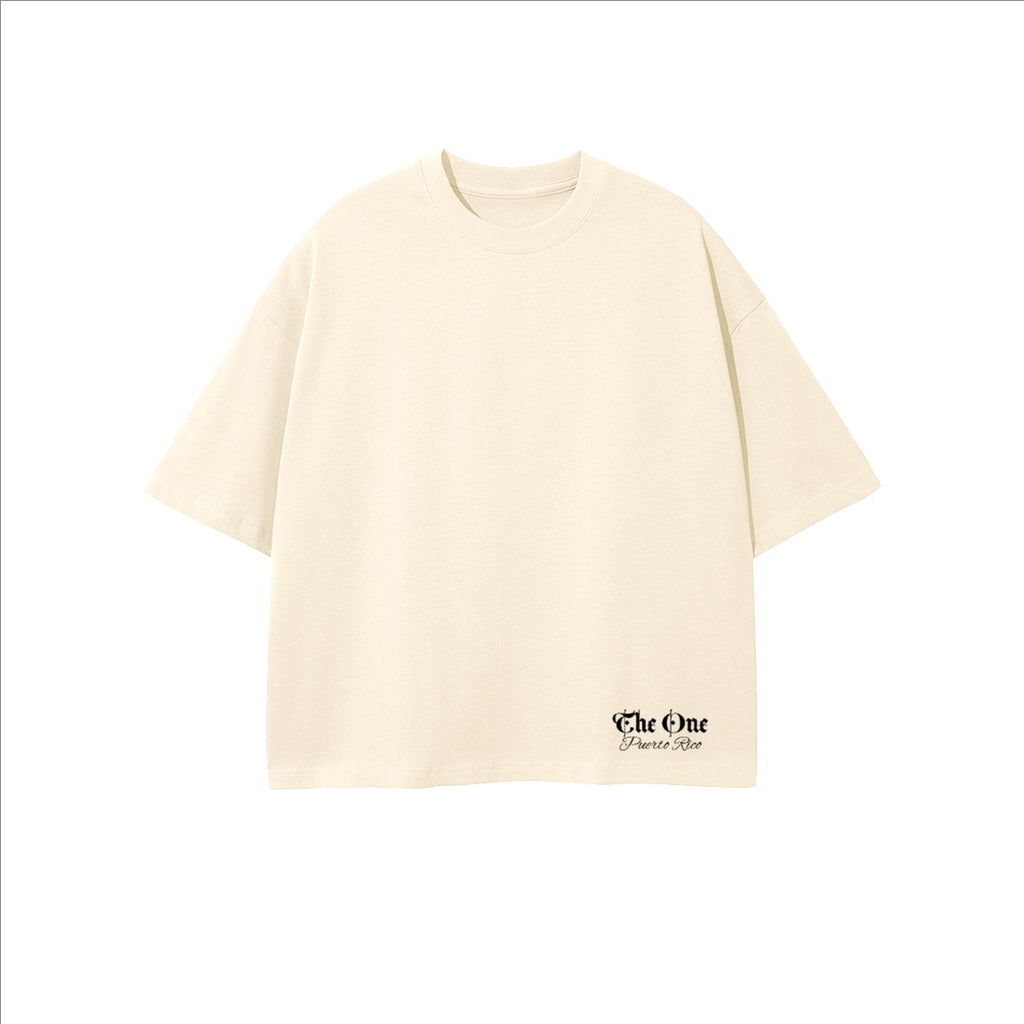 The One PR Snooper cropped oversized t-shirt in cream, made from 100% combed cotton with a crew neck and short sleeves.