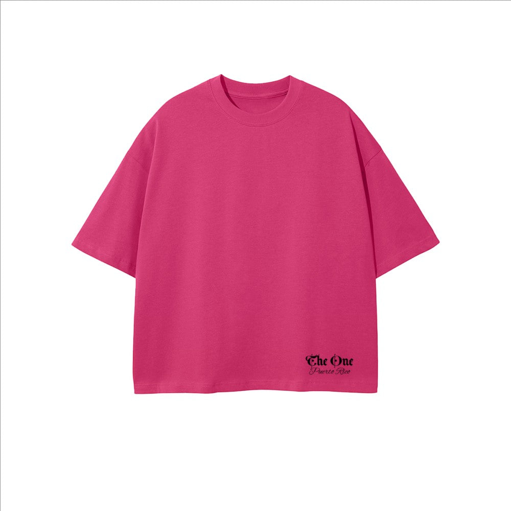 The One PR pink oversized cropped t-shirt made of 100% combed cotton with a crew neck and short sleeves.