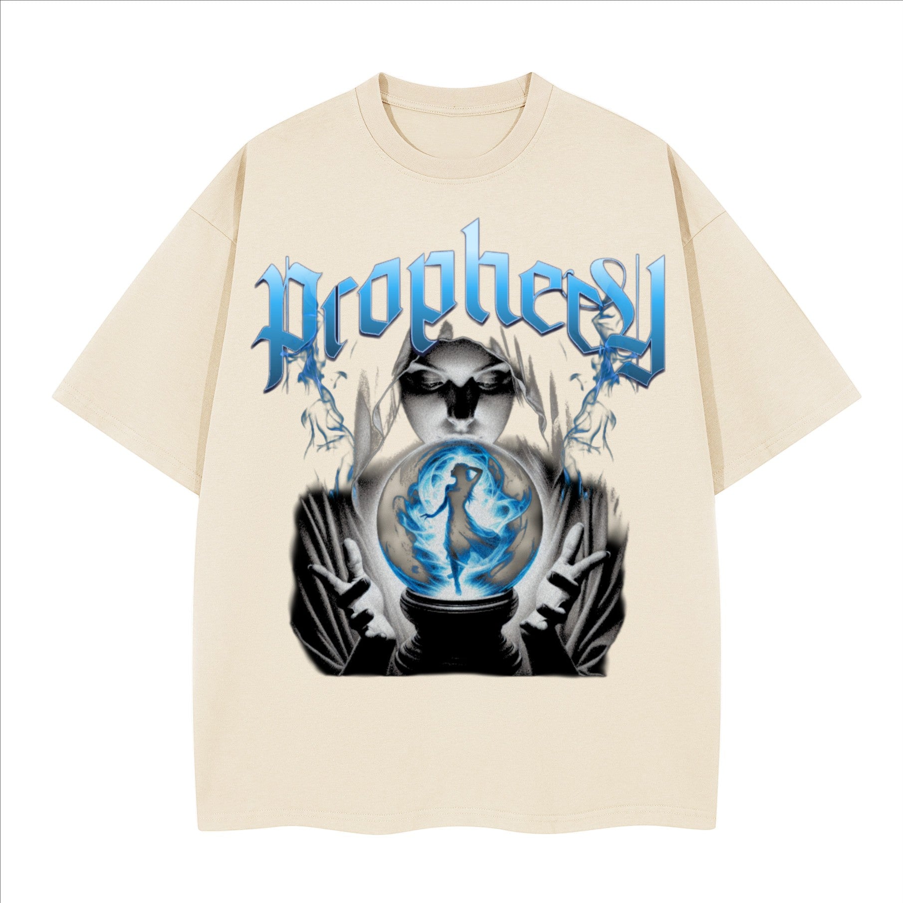 The One PR Prophesy heavyweight boxy t-shirt in cream, featuring a graphic print of a fortune teller with a crystal ball.