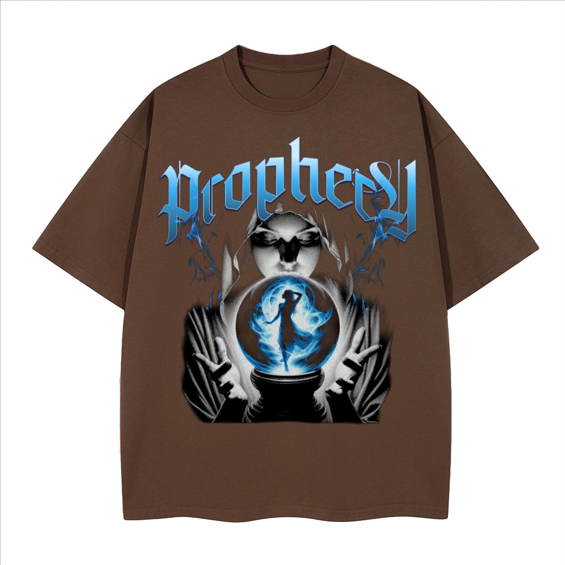 The One PR Prophesy heavyweight boxy t-shirt in brown, 100% combed cotton with crew neck and drop shoulders.