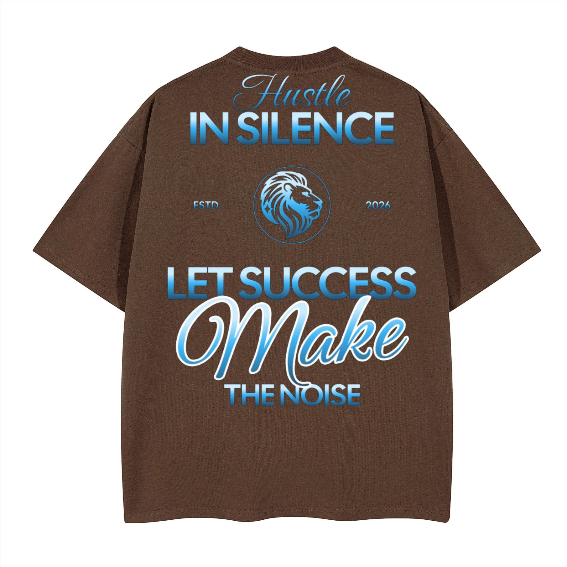 The One PR Prophesy Heavyweight Boxy T-Shirt in brown, 100% combed cotton, with crew neck and drop shoulders. Features motivational text and a lion graphic.