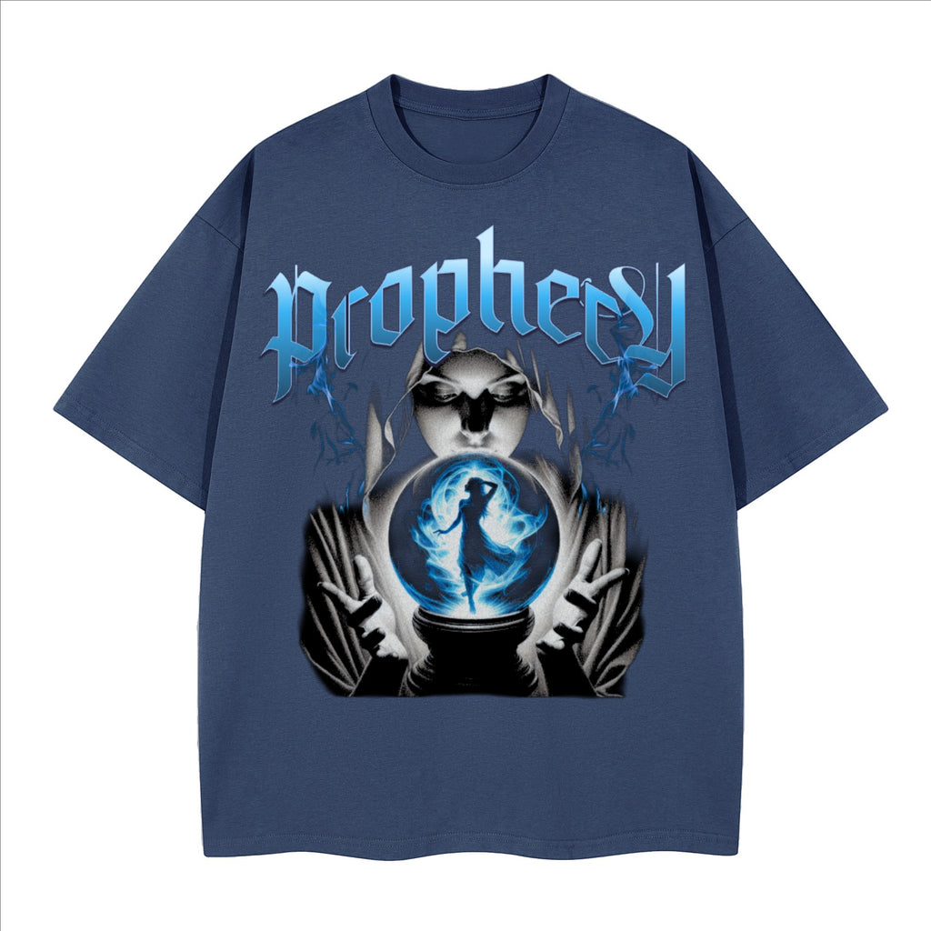 The One PR Prophesy heavyweight boxy t-shirt in navy blue cotton with a graphic print of a fortune teller and crystal ball.
