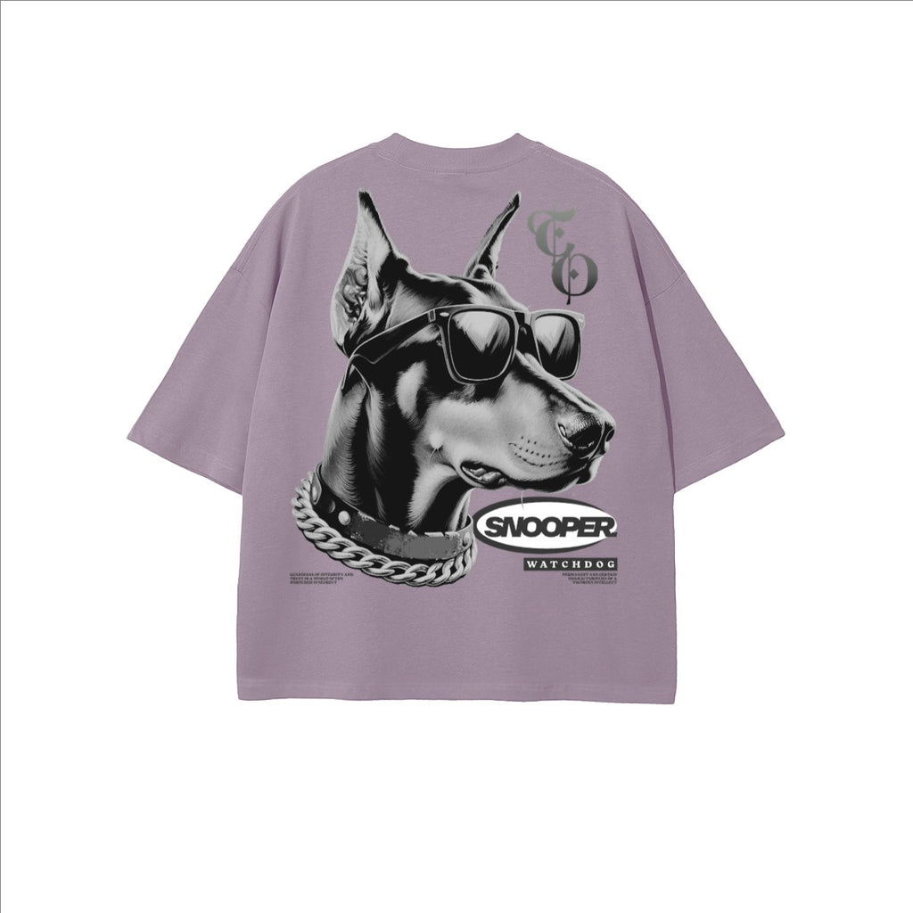 The One PR Snooper Cropped Oversized T-Shirt in lavender, featuring a graphic of a Doberman wearing sunglasses and a chain collar.