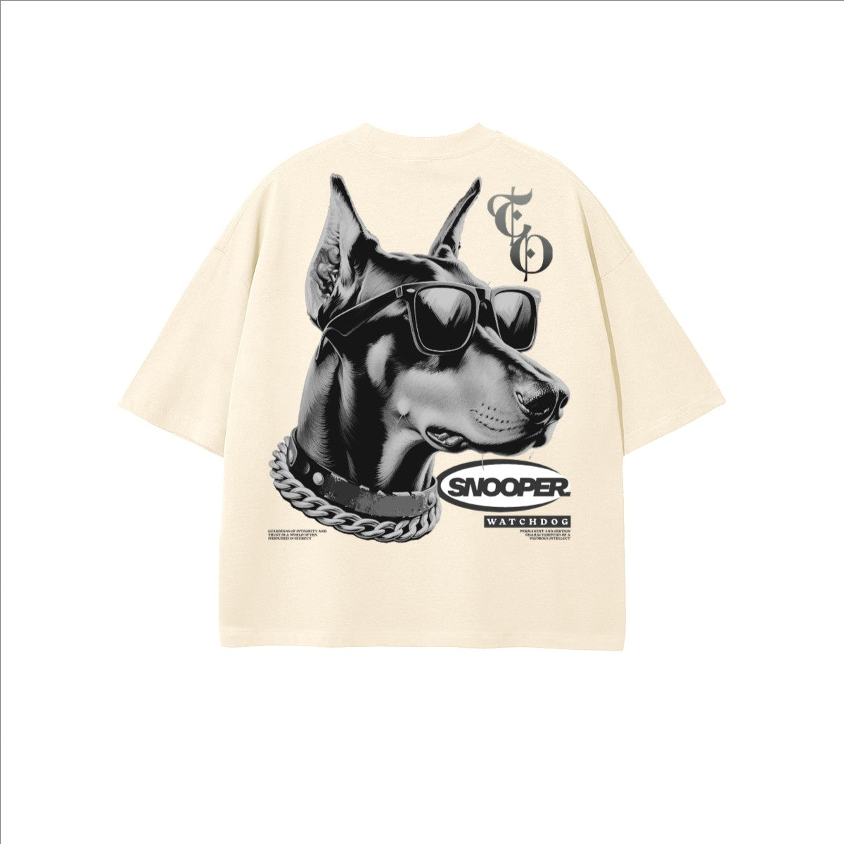 The One PR Snooper Cropped Oversized T-Shirt in cream, featuring a graphic of a Doberman wearing sunglasses and a chain collar.