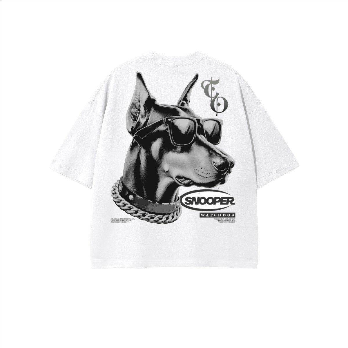 The One PR Snooper Cropped Oversized T-Shirt in white, featuring a graphic print of a Doberman wearing sunglasses and a chain.