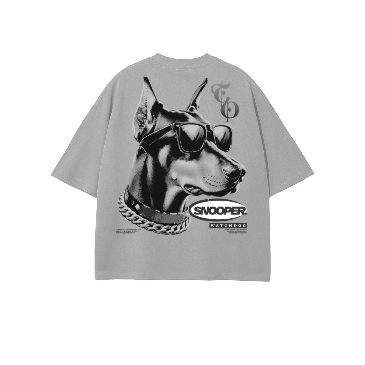 The One PR Snooper Cropped Oversized T-Shirt in grey, featuring a Doberman wearing sunglasses and a chain.