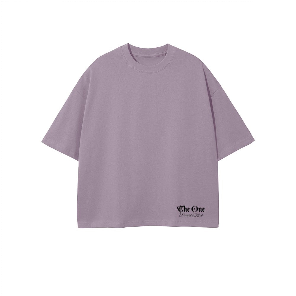 The One PR Snooper cropped oversized t-shirt in lavender, made from 100% combed cotton with a crew neck and short sleeves.