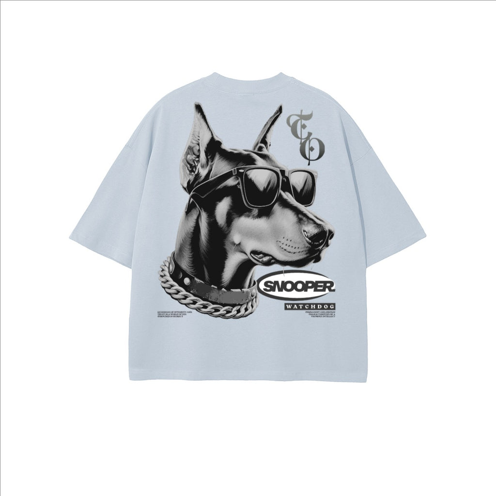 The One PR Snooper Cropped Oversized T-Shirt in light blue, featuring a graphic of a Doberman wearing sunglasses and a chain collar.