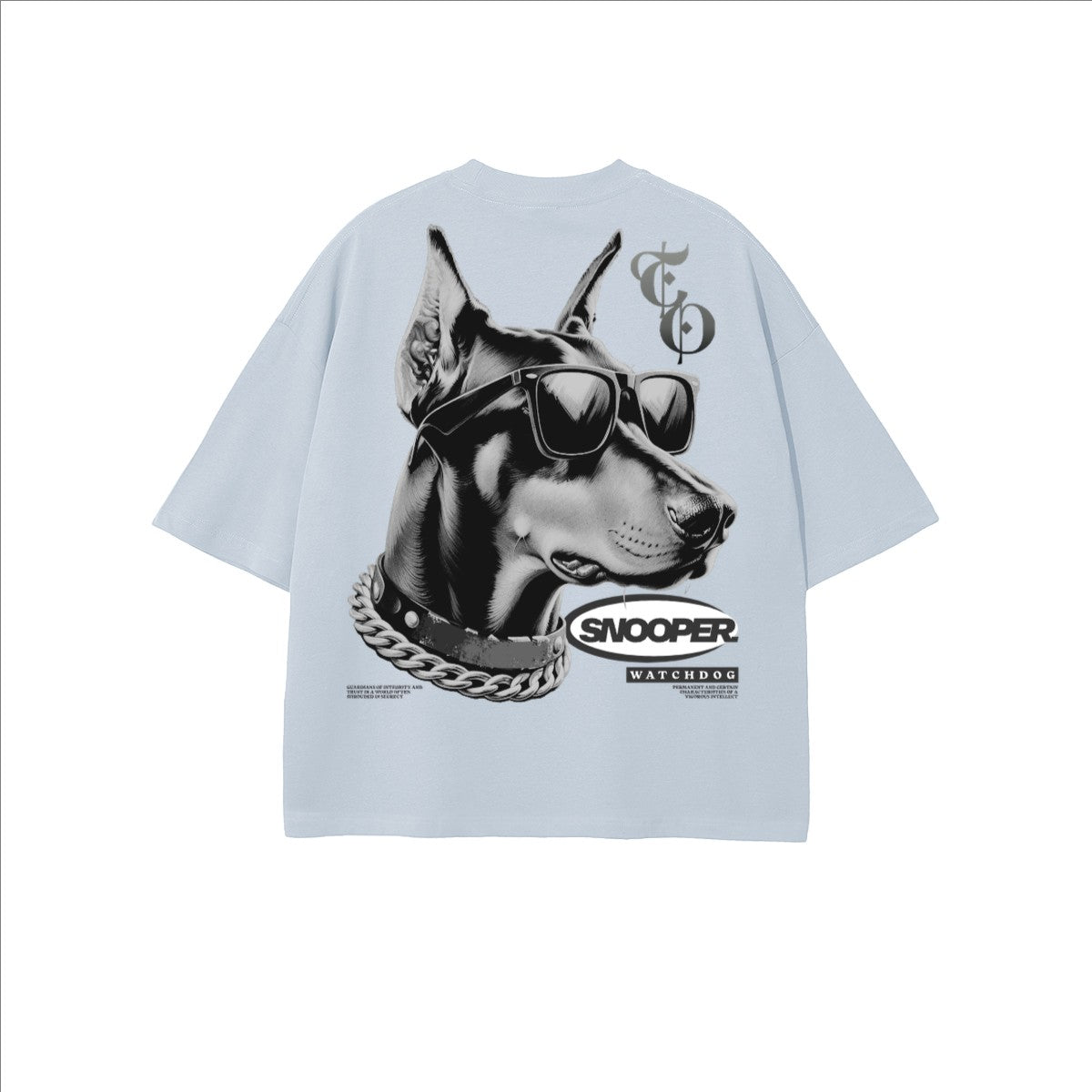 The One PR Snooper Cropped Oversized T-Shirt in light blue, featuring a graphic of a Doberman wearing sunglasses and a chain collar.