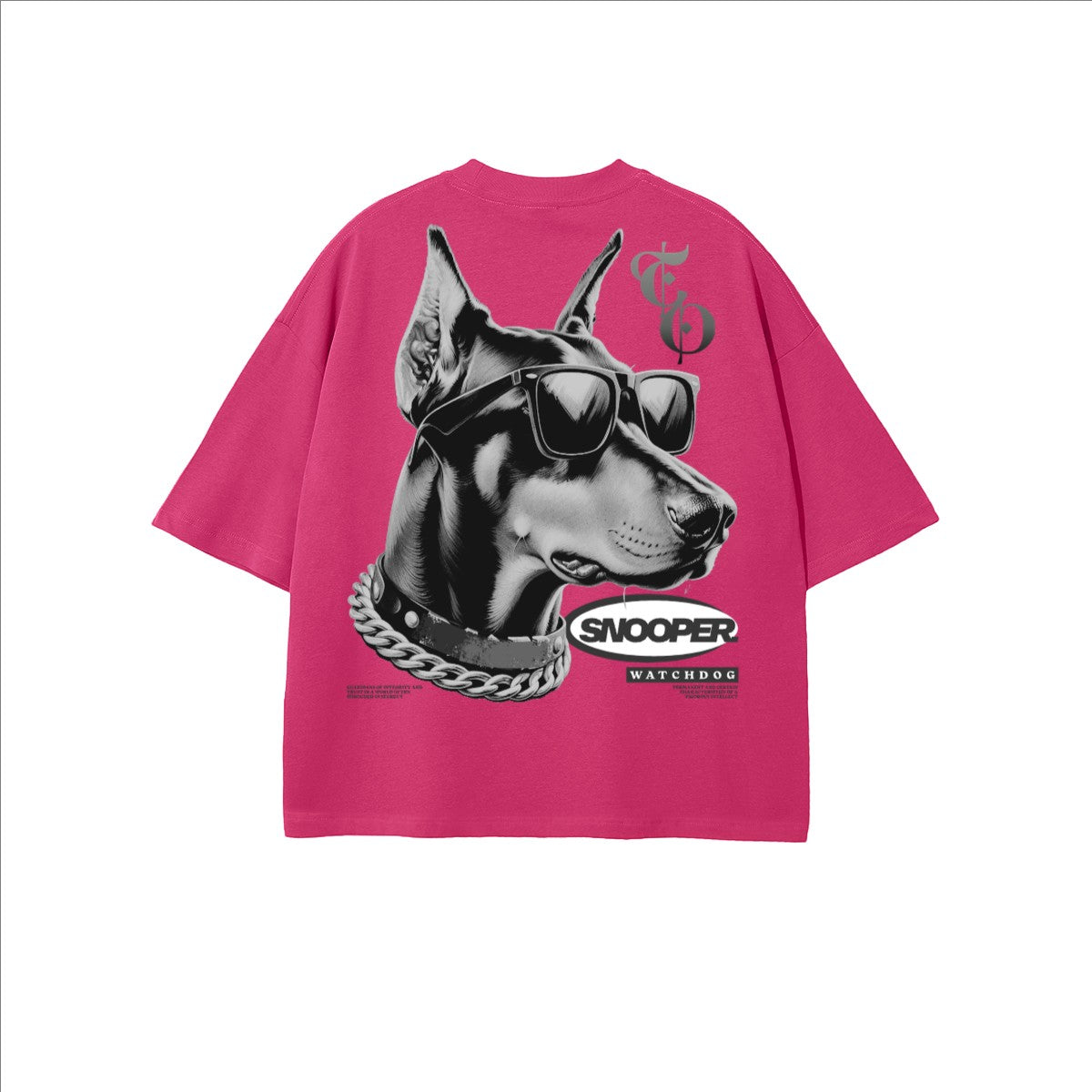 The One PR Snooper Cropped Oversized T-Shirt in bright pink, featuring a graphic of a Doberman wearing sunglasses and a chain collar.