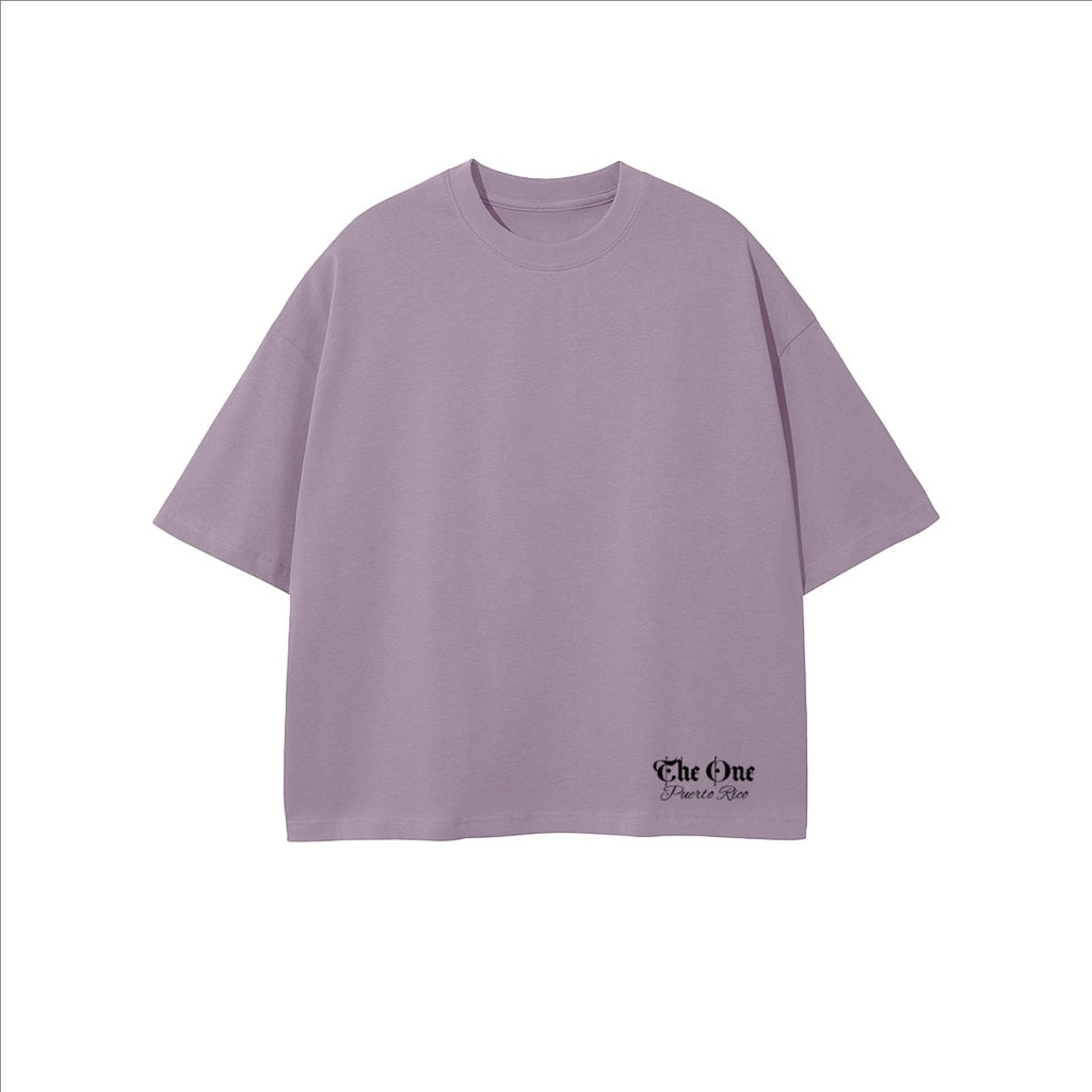 The One PR Snooper Cropped Oversized T-Shirt in lilac, made from 100% combed cotton with a crew neck and short sleeves.