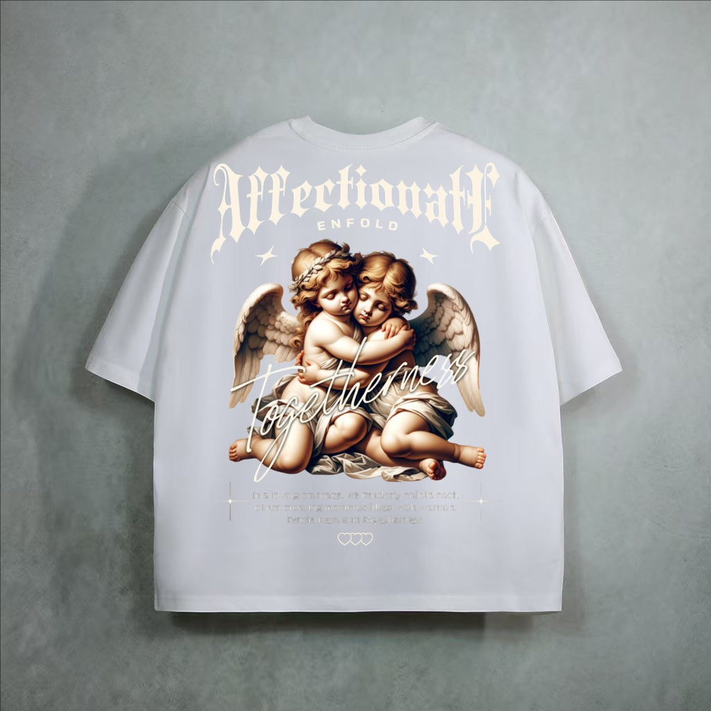 The One PR white heavyweight cropped loose t-shirt with cherubs graphic and "Affectionately" text.