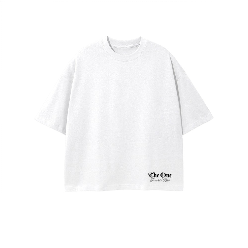 The One PR white 100% combed cotton oversized cropped t-shirt with subtle logo detail on hem.